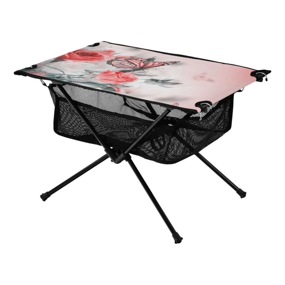 Cleaning Easy-Clean Pink Roses Flowers with Butterfly Camping Folding Table Portable Beach Table with Storage Bag Compact Picnic Table for Outdoor Travel Fishing BBQ