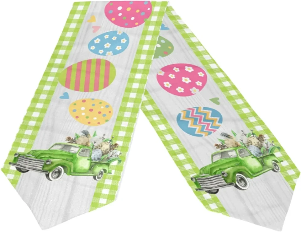 Ceramic Bestwell Double Sided Easter Eggs Truck Long Polyester Table Runner 13 x 70 Inches Table Cloth Cover Placemats for Kitchen Dinning Living Holiday Home Decor