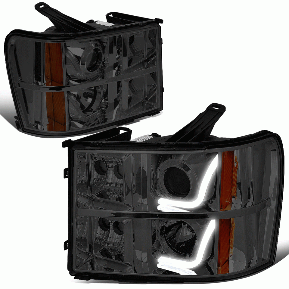 Thickened 2007-2014 GMC Sierra Smoked Amber Signal 3D LED Bar Projector Headlights