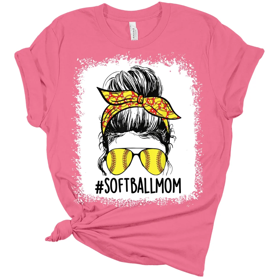 Healthy Multi-Purpose Softball Mom Life Bleached Print Shirt With Hair Bun Women's Bella Softball Mom T-Shirt