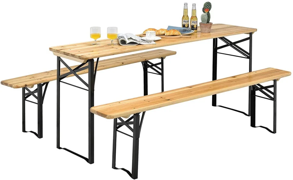 Matte YOJFOTOOU. 70'' 3-Piece Portable Folding Picnic Beer Table with Seating Set Wooden Top Picnic Table for Patio Outdoor Activities Garden Use, 30'' Table Height