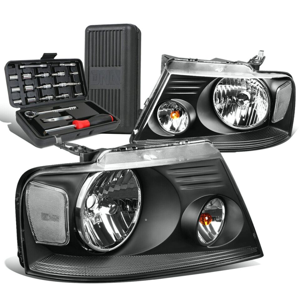 Glossy 2004-2008 d F150 Pickup Pair Black/Clear Signal Headlight Lamps+Tool Box