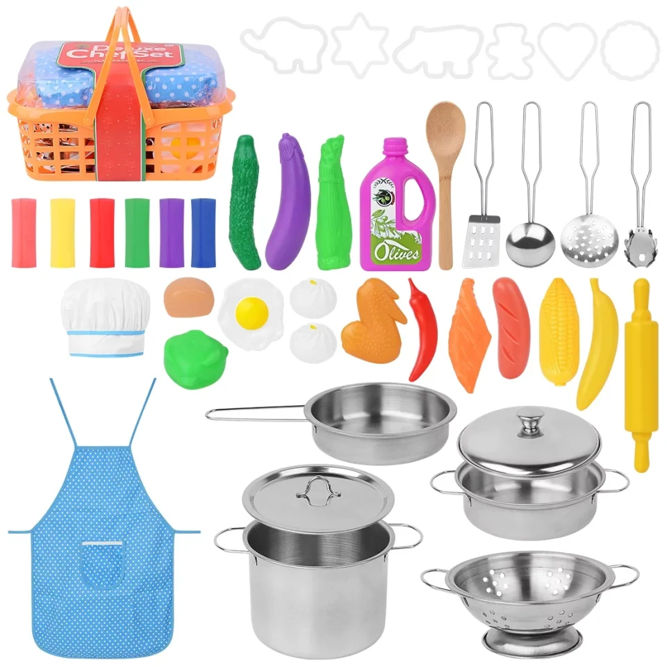 Stainless Steel Top-Rated Brizi Living Kitchen Set for Kids, Stainless Steel Toy Pots and Pans for Kids Kitchen, Pretend Play Food Set with Cooking,Toy Set for Girls/Boys/Toddlers(Pack of 42)