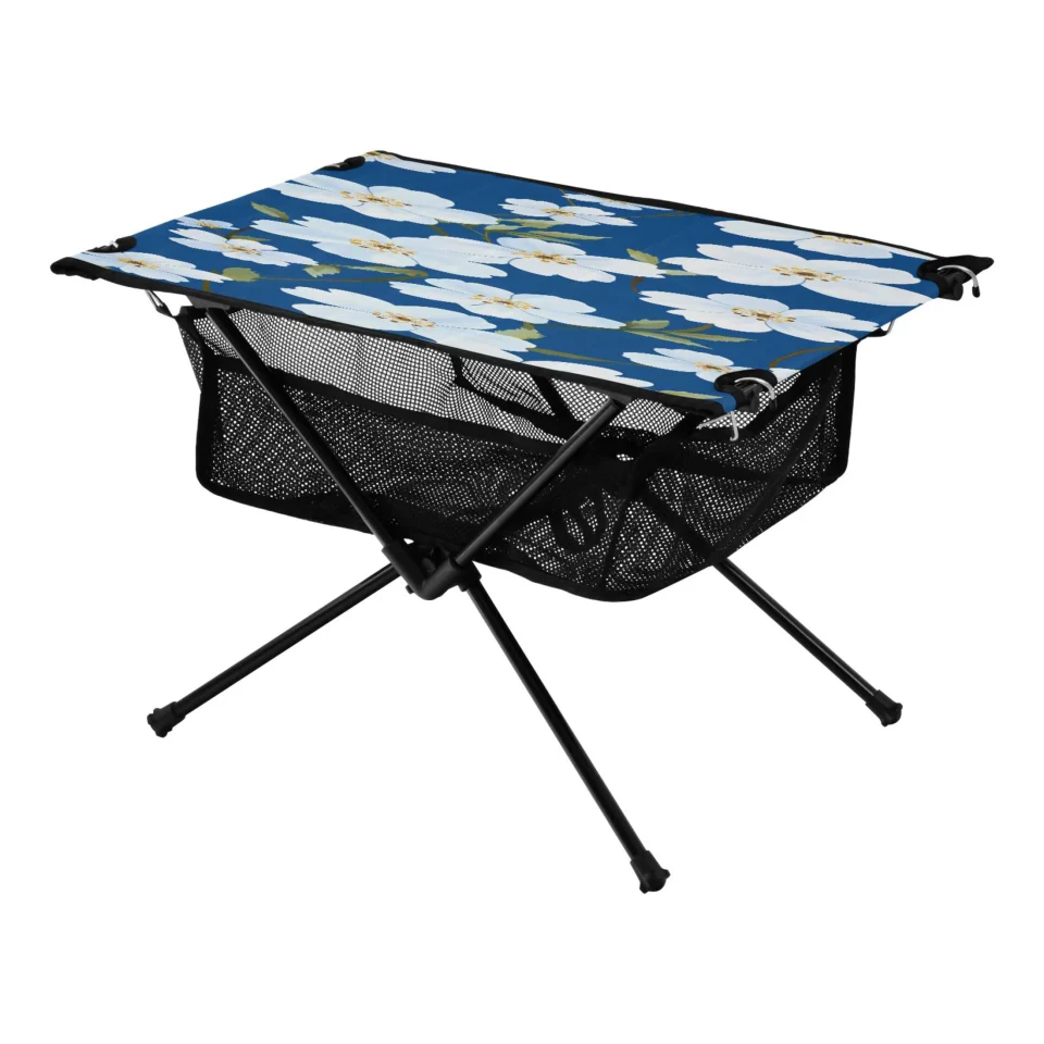Glass Jasmine Flower Camping Folding Table Portable Beach Table with Storage Bag Compact Picnic Table for Outdoor Travel Fishing BBQ