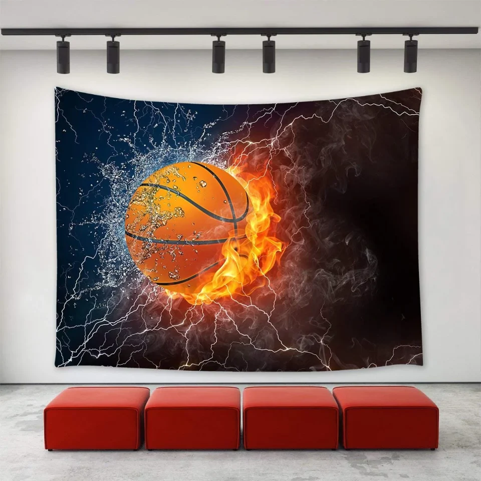 Ceramic CADecor Sports Basketball Ball on Fire and Water Flame Splashing Thunder Lightning Tapestry Wall Hanging Wall Decor 40x60 inch