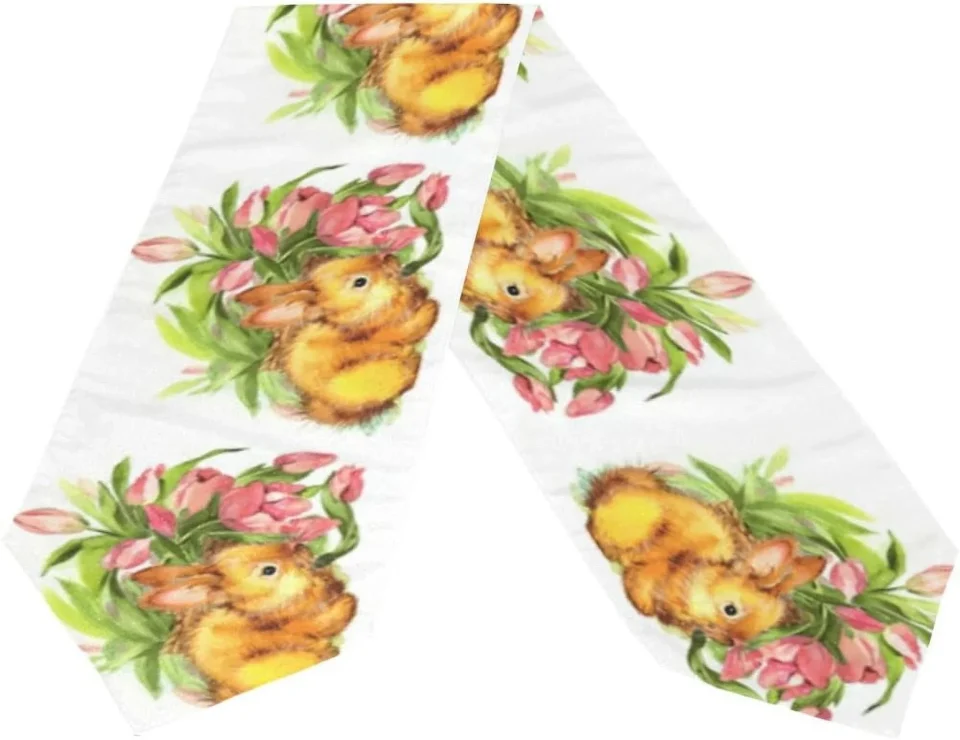 Essential SKYSONIC Double Sided Spring Easter Bunny Flower Long Polyester Table Runner for Kitchen Dinning Living Room Holiday Wedding Party Decoration-13x70 Inch