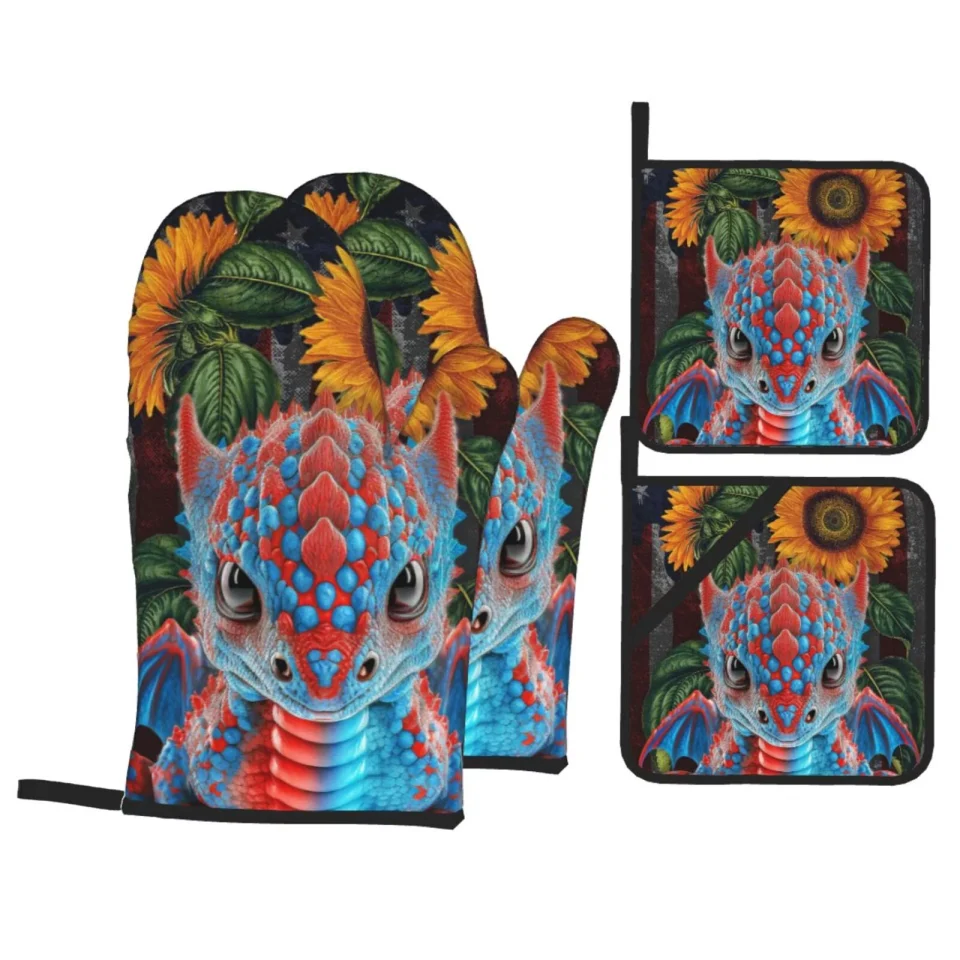 Prime Outdoor XMXT Waterproof Oven Mitts and Pot Holders Sets, Vintage Sunflower Dinosaur Print Sets Kitchen Cooking Heat Resistant, 4 Pcs