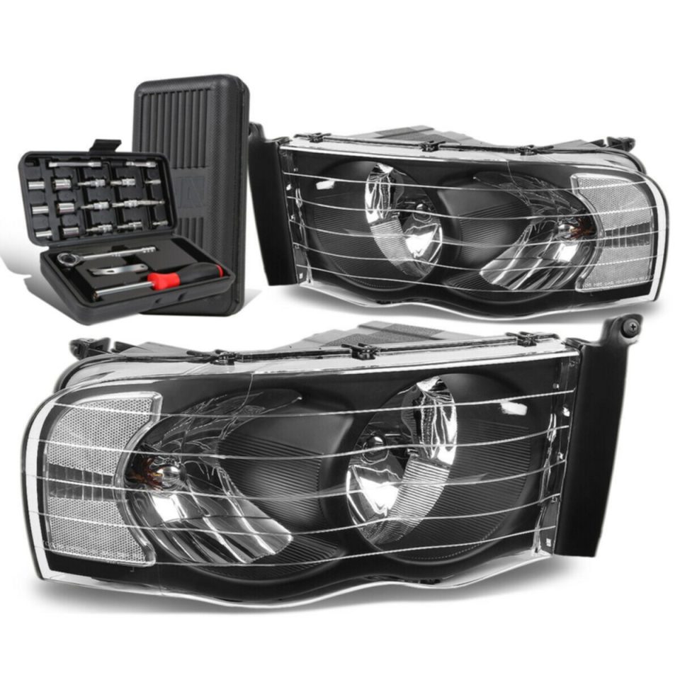 Ceramic Value 2002-2005 Dodge Ram Pickup Pair Black/Clear Signal Headlight Lamps+Tool Box
