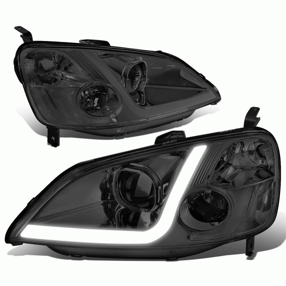 Premium 2001-2003 Civic Coupe/Sedan LED DRL Smoked/Clear Projector Headlight Lamps