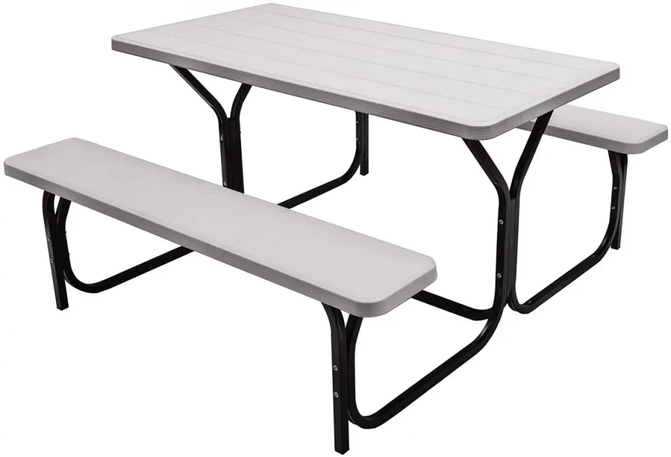 Multi-Purpose Picnic Table Bench Set Outdoor Camping All Weather Metal Base Wood-Like Texture Backyard Poolside Dining Party Garden Patio Lawn Deck Large Camping Picnic Tables for Adult (White)