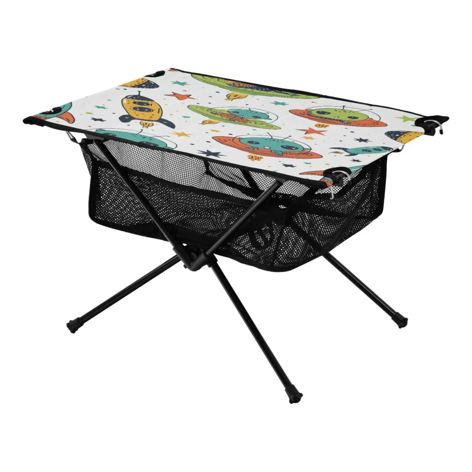 Outdoor Cartoon Spacecraft Camping Folding Table Portable Beach Table with Storage Bag Compact Picnic Table for Outdoor Travel Fishing BBQ
