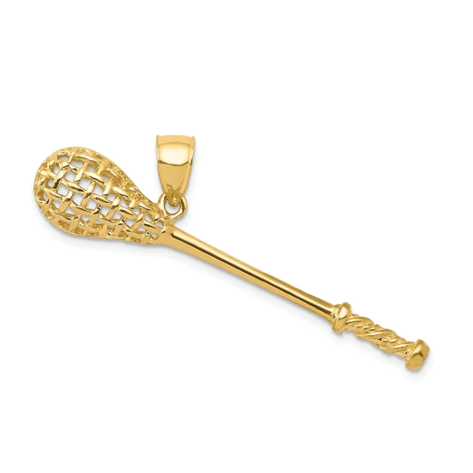 Long-Lasting Real 14kt Yellow Gold Solid Polished 3-D Lacrosse Stick Pendant; for Adults and Teens; for Women and Men