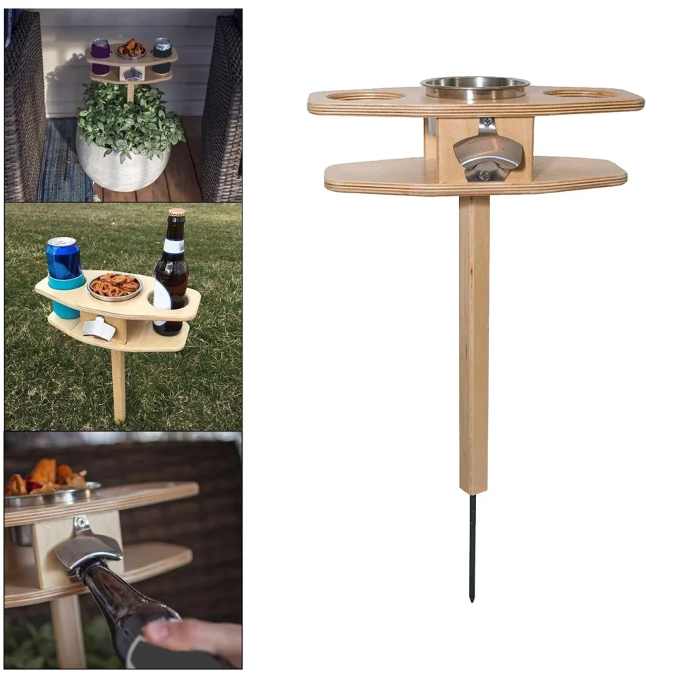 Bamboo 2 Bottle Rack Wooden Portable Beach Folding Table Bottle Holder Opener for Garden Travel Camping