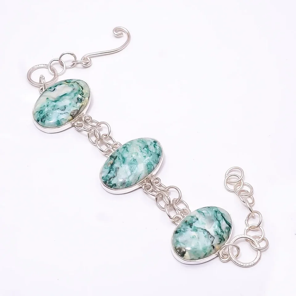Stainless Steel Tree Agate -Australia 925 Silver Plated Adjustable Bracelet 7.99, Green Tree Agate Bracelet B_9205_388_20