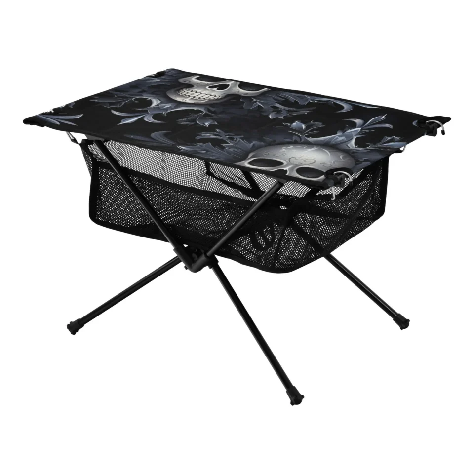 Cast Iron Skull Skeleton Camping Folding Table Portable Beach Table with Storage Bag Compact Picnic Table for Outdoor Travel Fishing BBQ