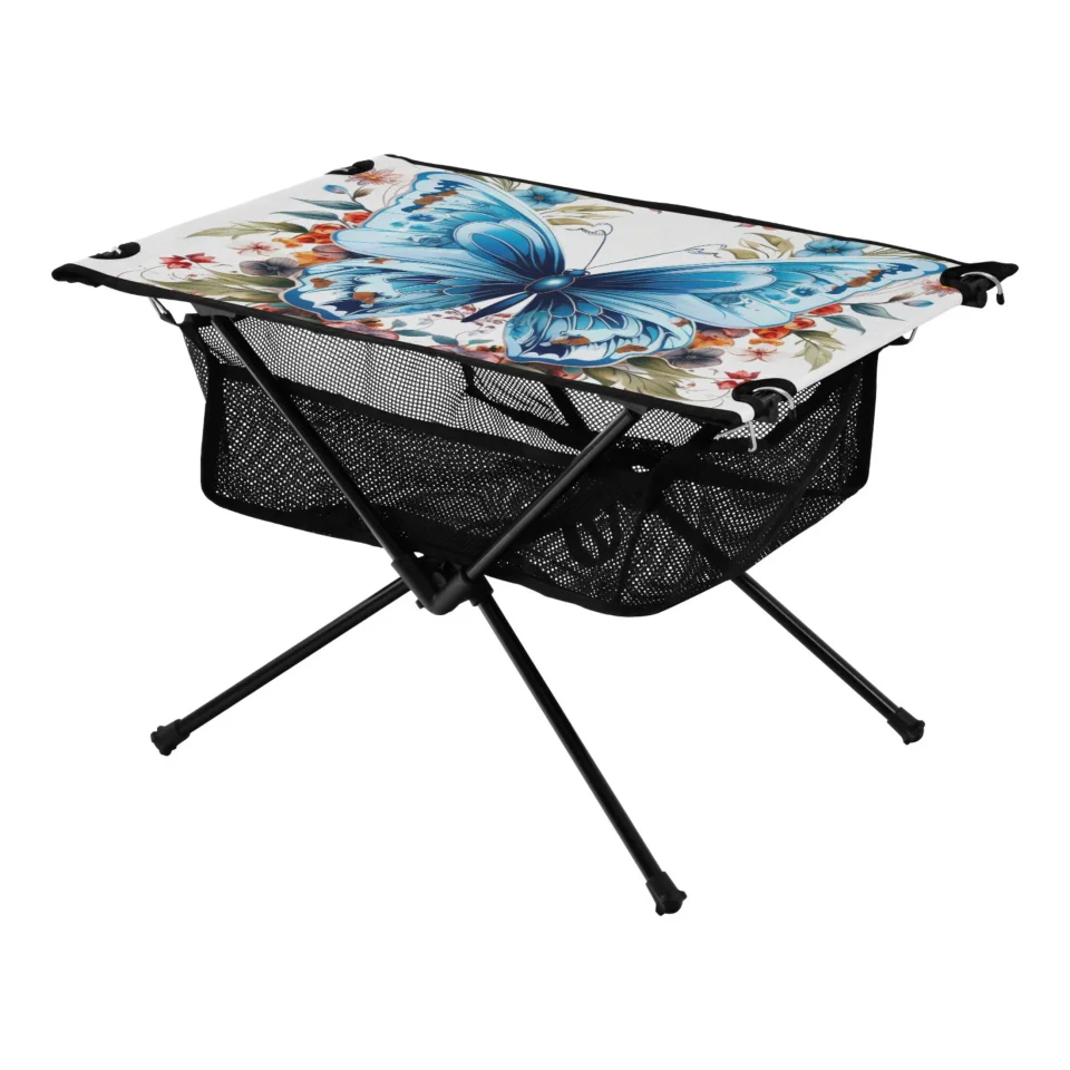Premium Floral on A Blue Butterfly Camping Folding Table Portable Beach Table with Storage Bag Compact Picnic Table for Outdoor Travel Fishing BBQ