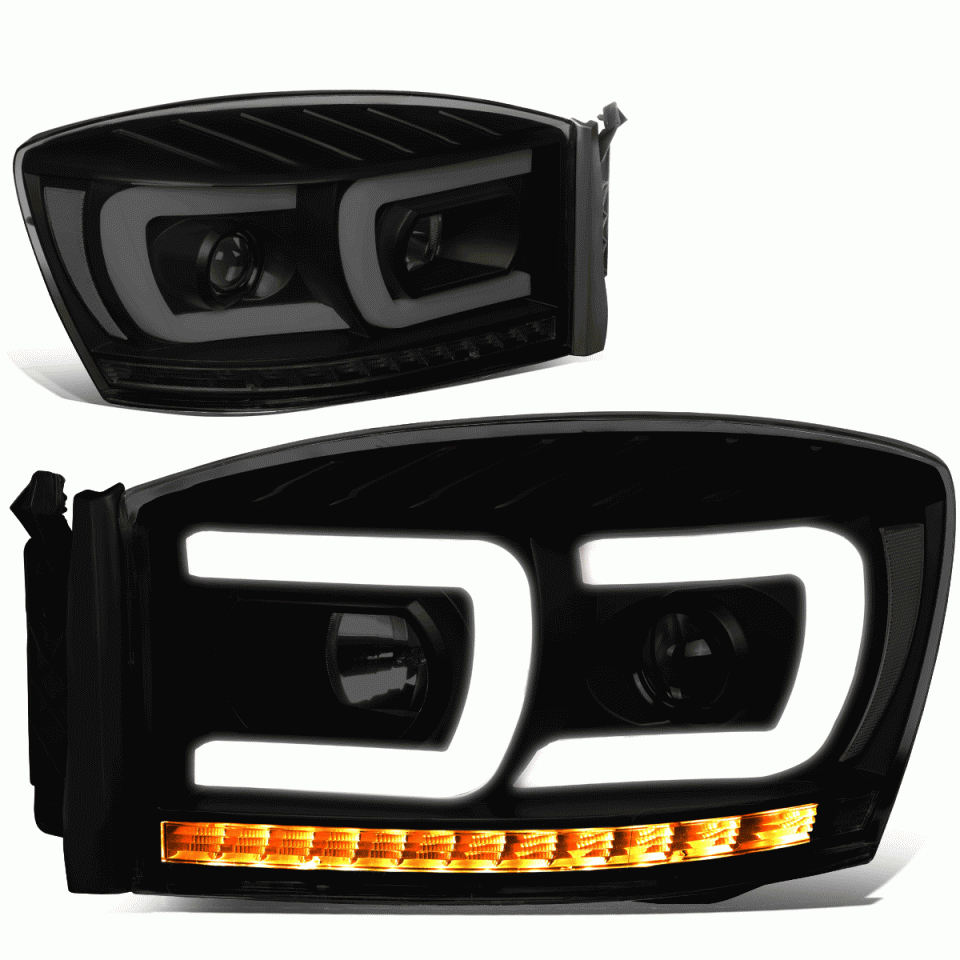 Glossy Dual LED DRL+Sequential Signal 06-09 Ram Truck Projector Headlight Lamps