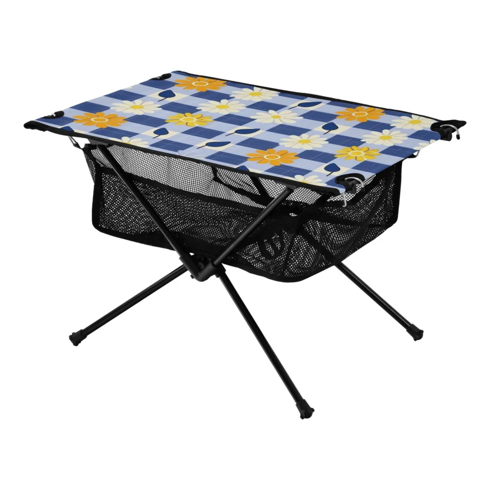 Dining Storage Flower on Grid Camping Folding Table Portable Beach Table with Storage Bag Compact Picnic Table for Outdoor Travel Fishing BBQ