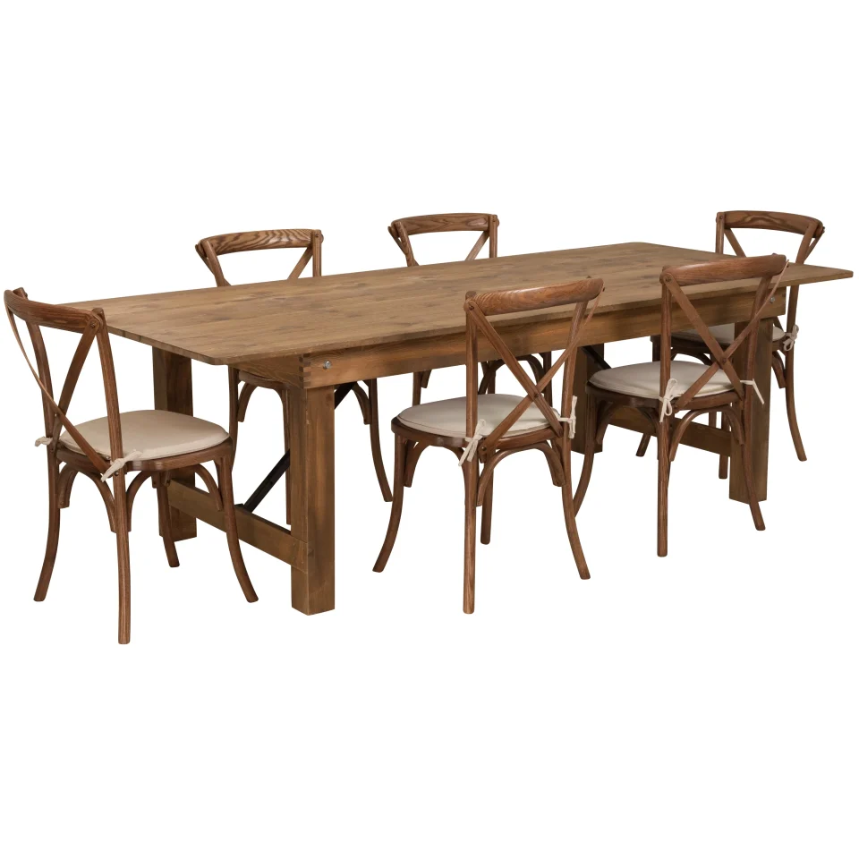 Cleaning Durable Flash Furniture HERCULES Series 8' x 40'' Antique Rustic Folding Farm Table Set with 6 Cross Back Chairs and Cushions