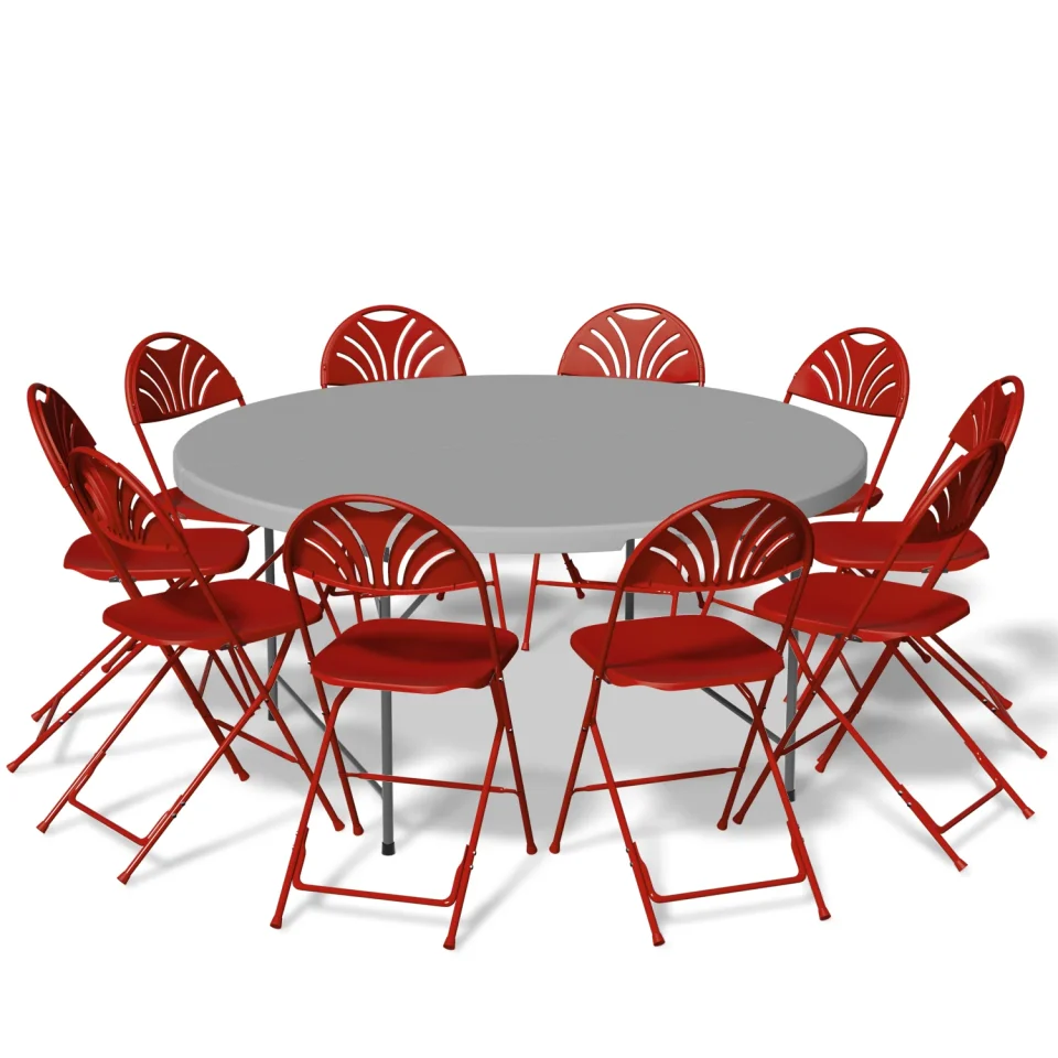 Office Top-Rated MoNiBloom 11-Piece Round Folding Dining Table with 10 Red Chairs Set, 4.5 Ft Gray Foldable Table w/Handle, Picnic Desk