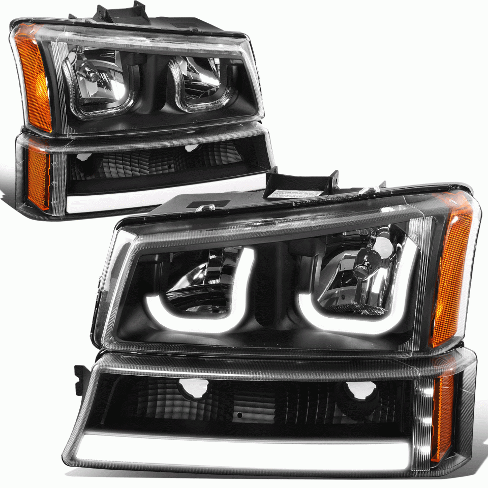 Upgraded 03-07 Chevy Silverado Pair J-Halo LED DRL Black/Amber Headlight Bumper Lamp