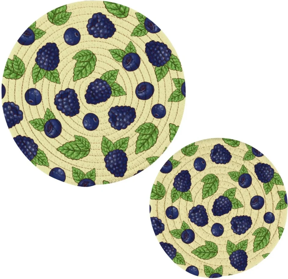 Baking Easy-Clean Hotbar Blueberry Cotton Pot Holder Set of 2, Pure Cotton Heat Resistant Wear-Resistant and Non-Slip Stylish Round Pot Holder for Daily Kitchen,Dining Table,Office,Cafe, Restaurant,BBQ